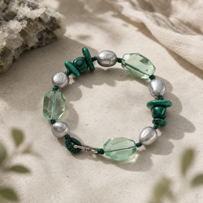 Green Crystal & Malachite Bracelet with Gray Baroque Pearls and Thai Silver Hook
