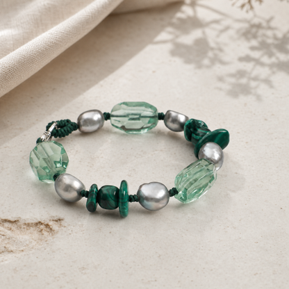 Green Crystal & Malachite Bracelet with Gray Baroque Pearls and Thai Silver Hook