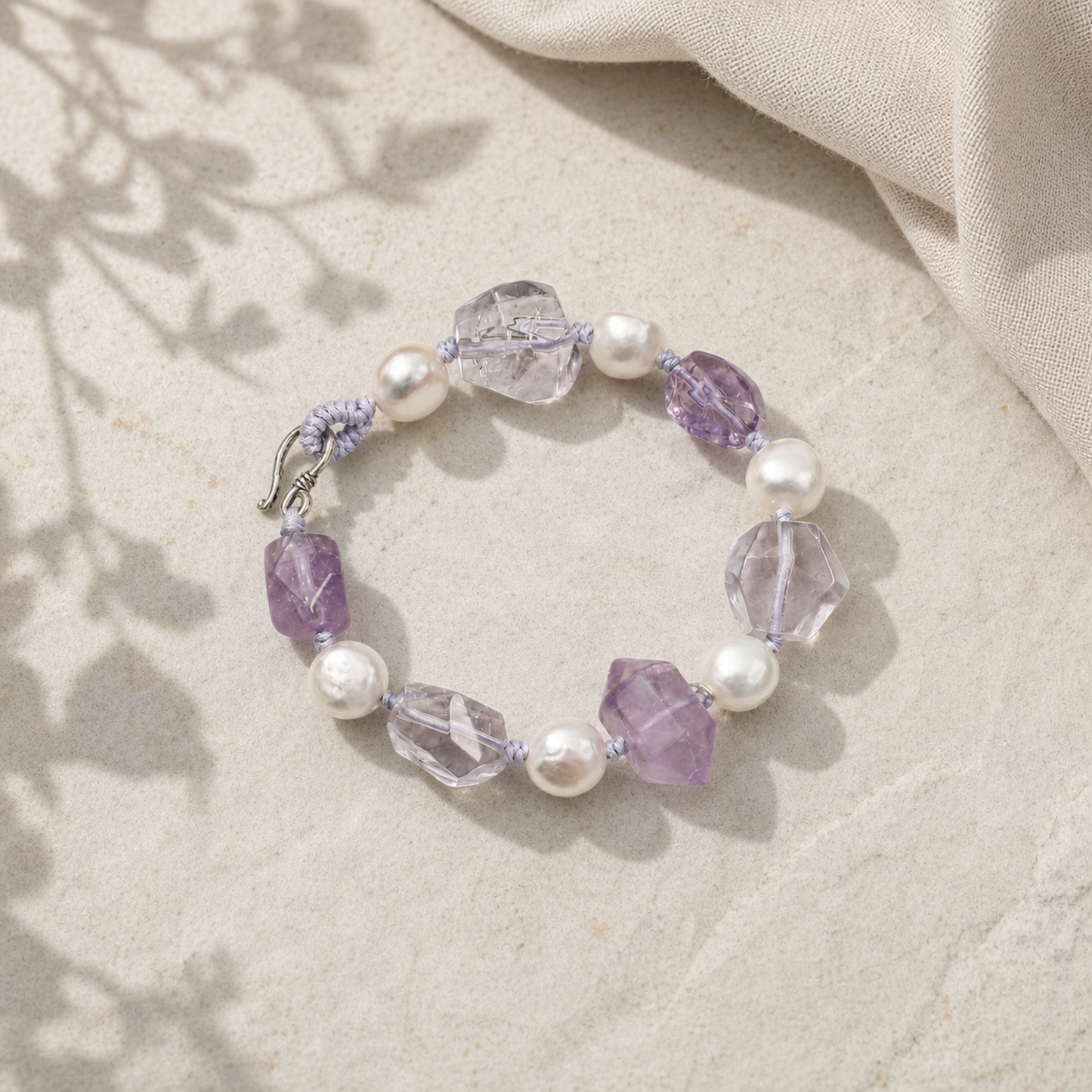 Natural Amethyst & Clear Quartz Bracelet with Baroque Pearls and Thai Silver Hook