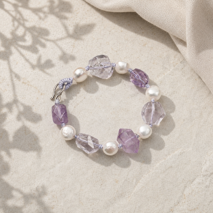 Natural Amethyst & Clear Quartz Bracelet with Baroque Pearls and Thai Silver Hook