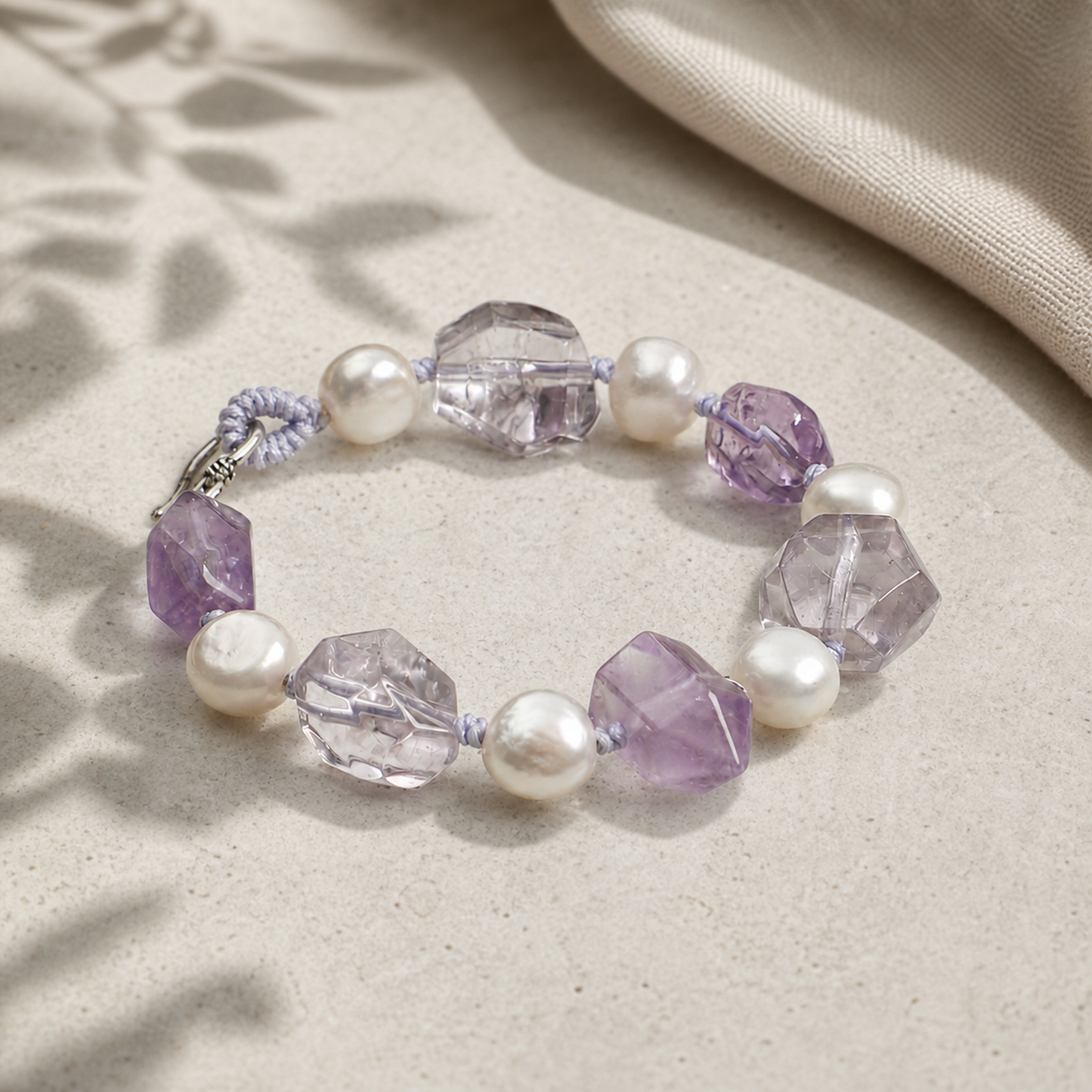Natural Amethyst & Clear Quartz Bracelet with Baroque Pearls and Thai Silver Hook