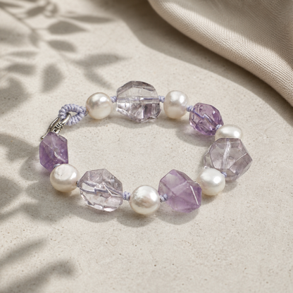 Natural Amethyst & Clear Quartz Bracelet with Baroque Pearls and Thai Silver Hook