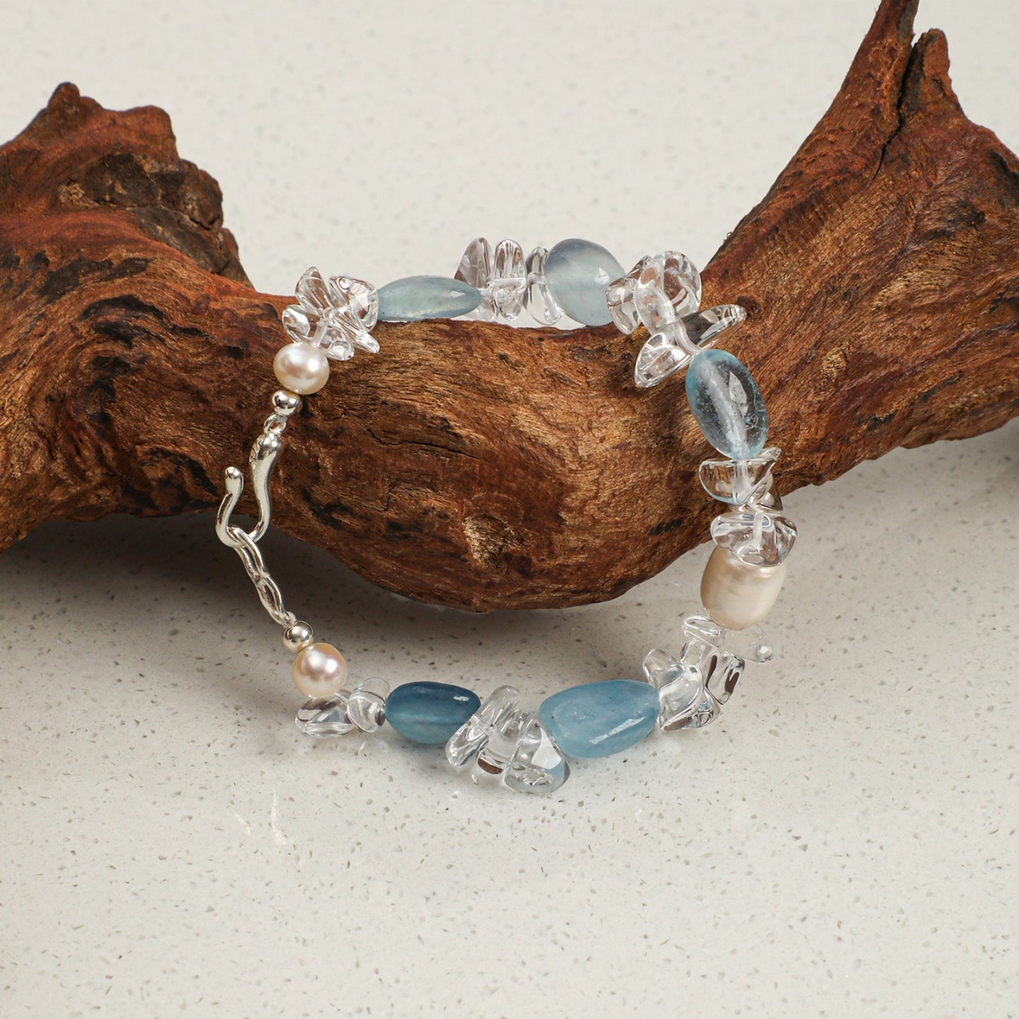Aquamarine & Clear Quartz Bracelet with White Rice Pearls