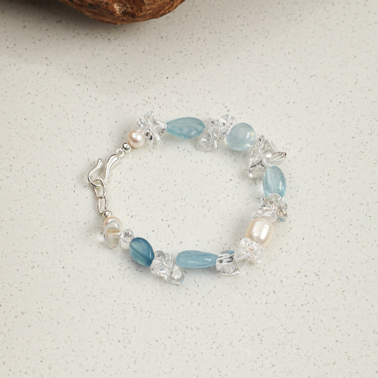 Aquamarine & Clear Quartz Bracelet with White Rice Pearls