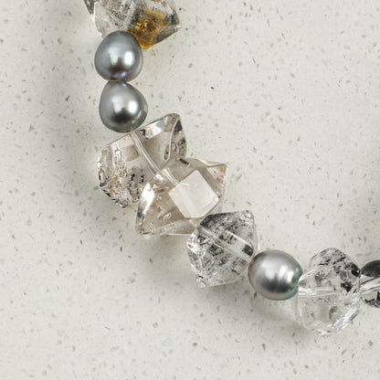 Black Herkimer Crystal Bracelet with Gray Rice Pearls and Sterling Silver Charm