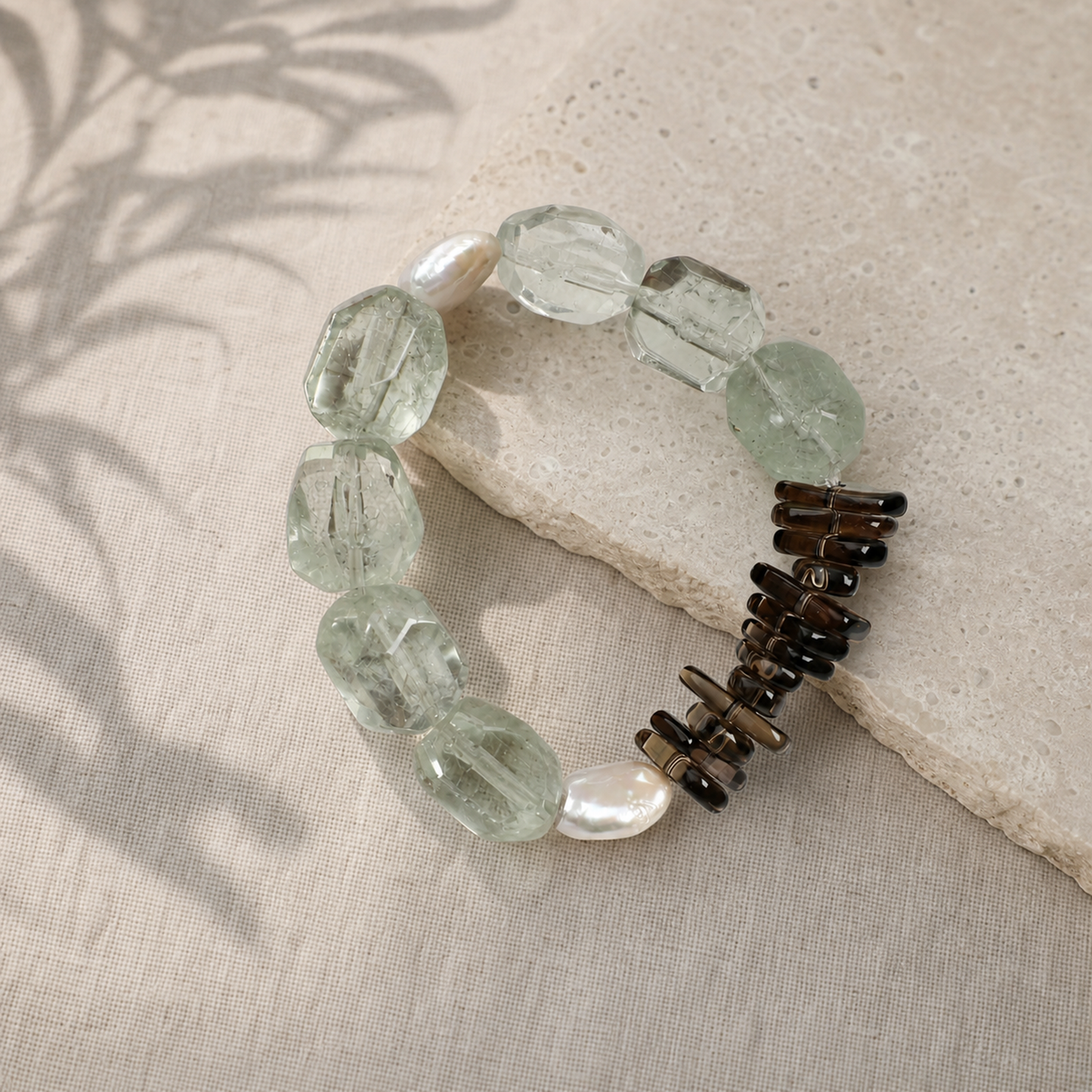 Natural Green Crystal Bracelet with Teardrop Baroque Pearl and Tea Crystal Accents