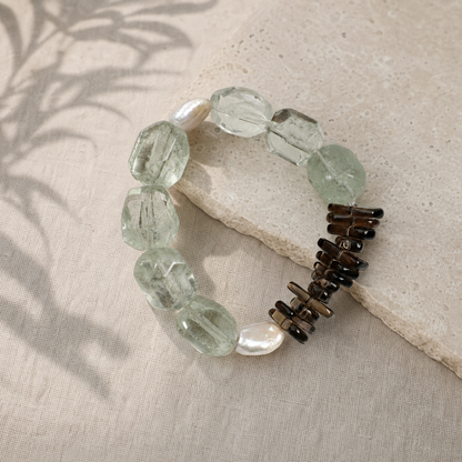 Natural Green Crystal Bracelet with Teardrop Baroque Pearl and Tea Crystal Accents