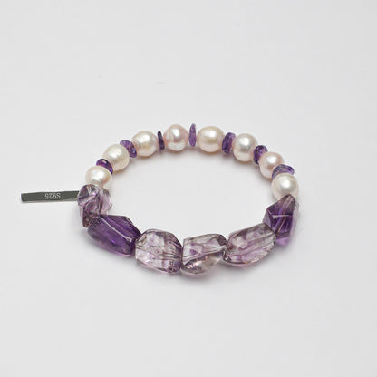 Freshwater Pearl & Natural Amethyst Crystal Bracelet with Sterling Silver Charm