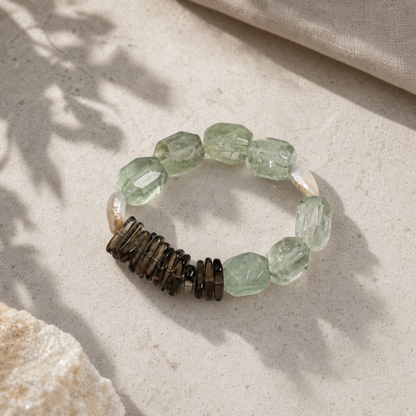 Natural Green Crystal Bracelet with Teardrop Baroque Pearl and Tea Crystal Accents
