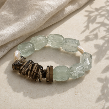 Natural Green Crystal Bracelet with Teardrop Baroque Pearl and Tea Crystal Accents
