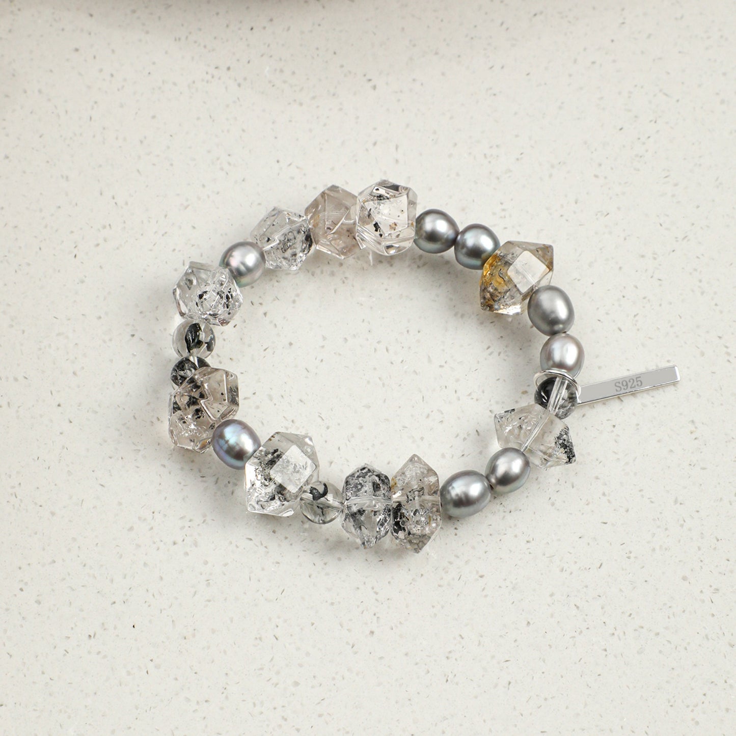 Black Herkimer Crystal Bracelet with Gray Rice Pearls and Sterling Silver Charm