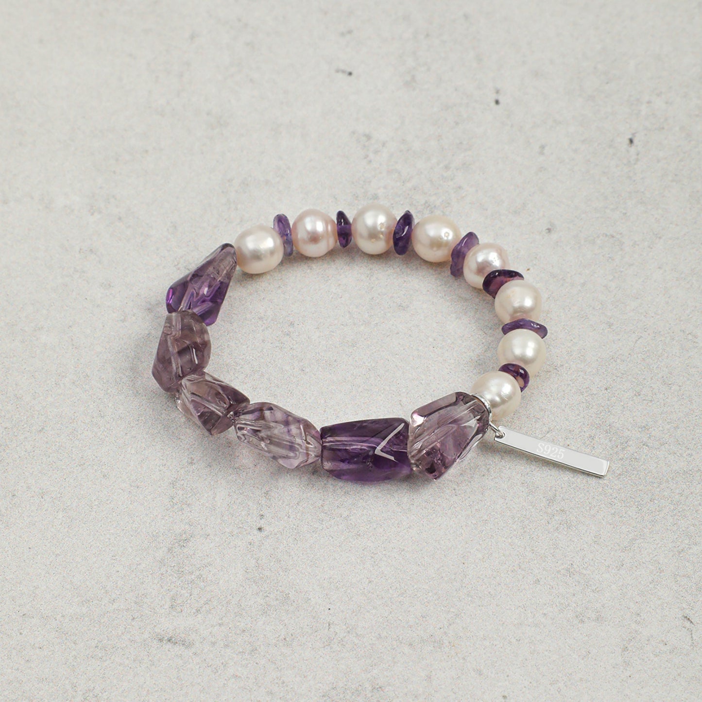 Freshwater Pearl & Natural Amethyst Crystal Bracelet with Sterling Silver Charm