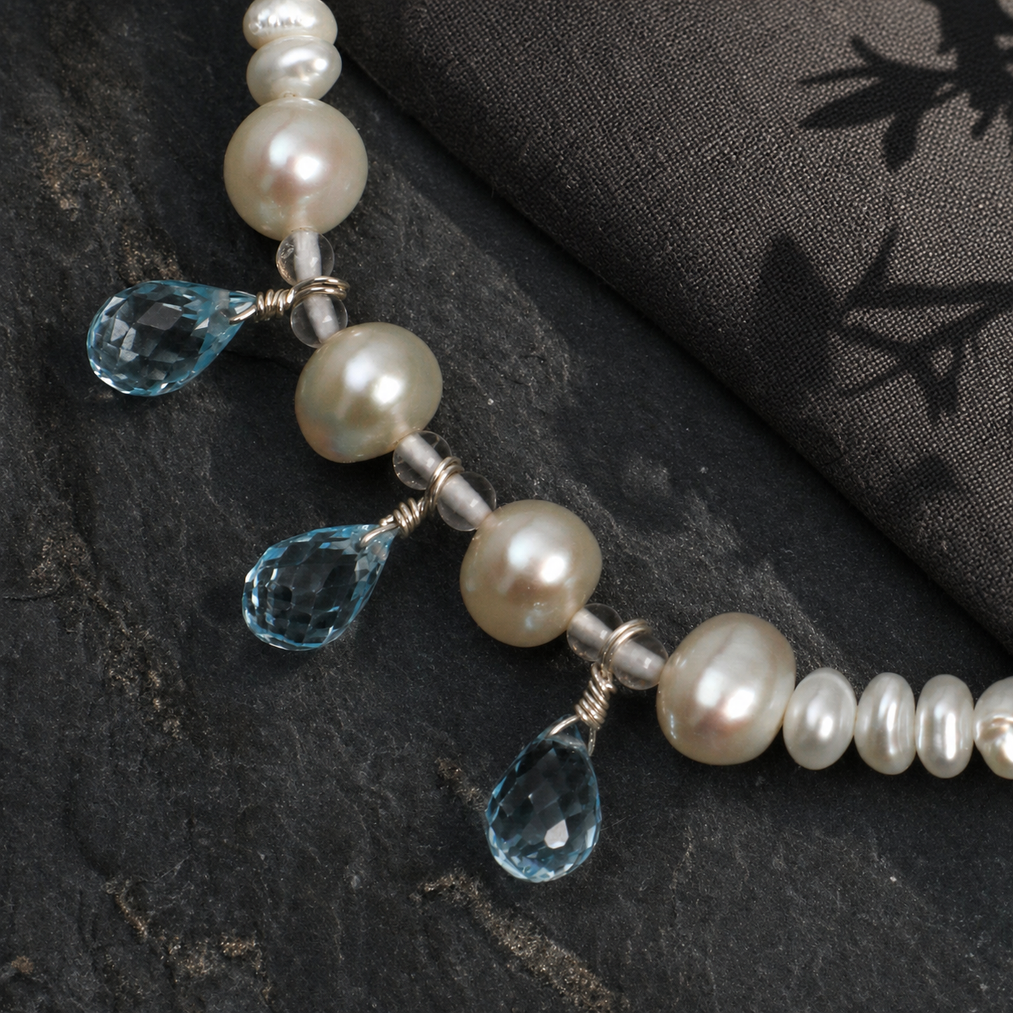 Blue Topaz Teardrop & Pearl Bracelet with Clear Quartz and S925 Silver Hook