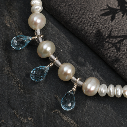 Blue Topaz Teardrop & Pearl Bracelet with Clear Quartz and S925 Silver Hook