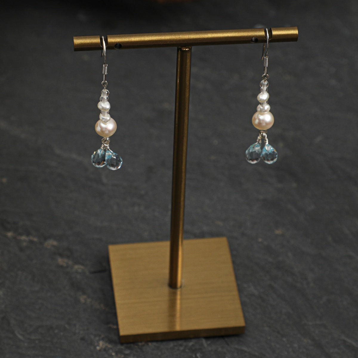 Blue Topaz & Pearl Drop Earrings with Clear Quartz and Sterling Silver Hooks