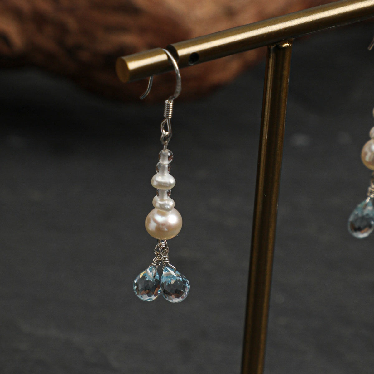 Blue Topaz & Pearl Drop Earrings with Clear Quartz and Sterling Silver Hooks
