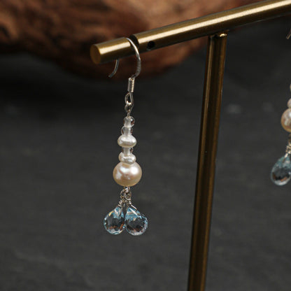 Blue Topaz & Pearl Drop Earrings with Clear Quartz and Sterling Silver Hooks