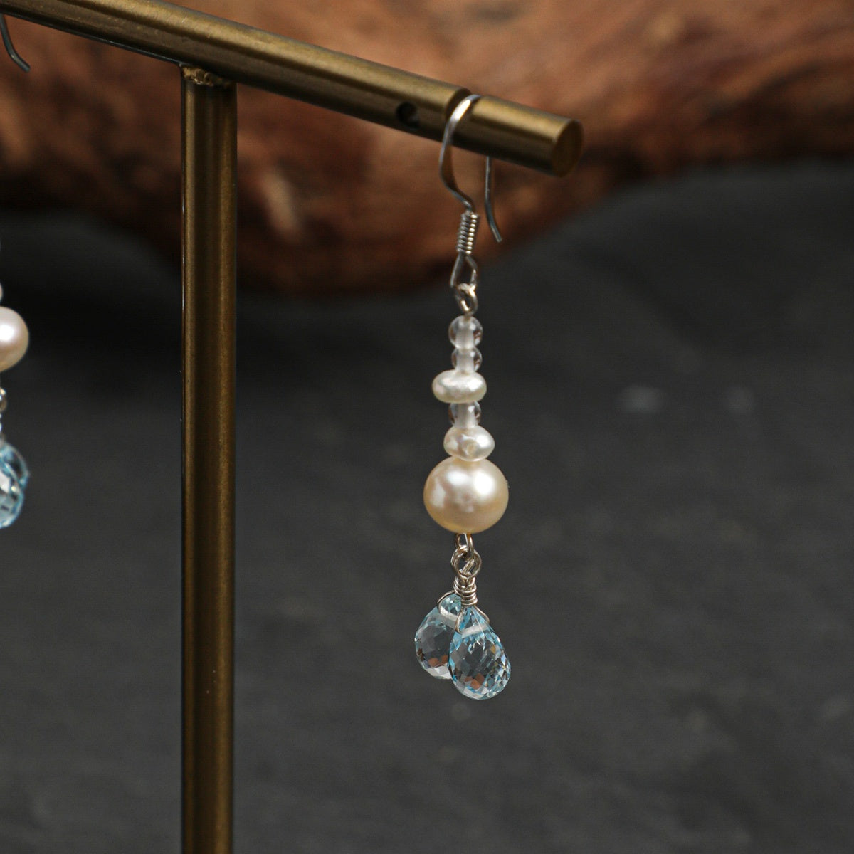 Blue Topaz & Pearl Drop Earrings with Clear Quartz and Sterling Silver Hooks