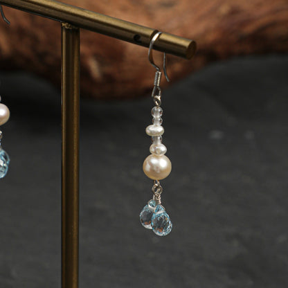 Blue Topaz & Pearl Drop Earrings with Clear Quartz and Sterling Silver Hooks