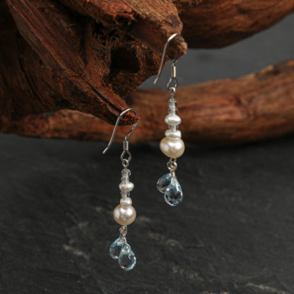 Blue Topaz & Pearl Drop Earrings with Clear Quartz and Sterling Silver Hooks