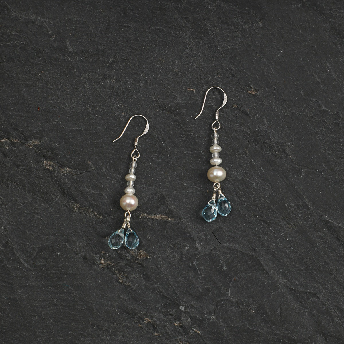 Blue Topaz & Pearl Drop Earrings with Clear Quartz and Sterling Silver Hooks