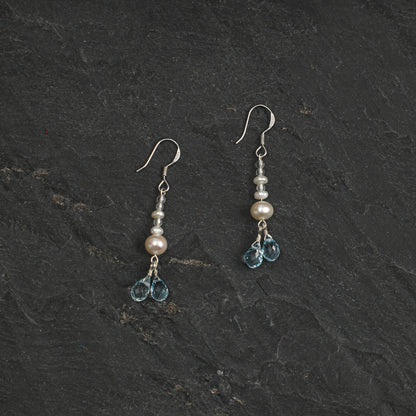 Blue Topaz & Pearl Drop Earrings with Clear Quartz and Sterling Silver Hooks