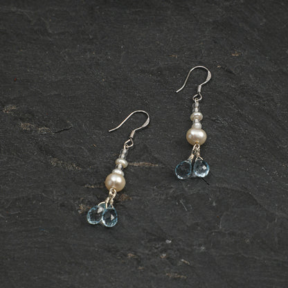 Blue Topaz & Pearl Drop Earrings with Clear Quartz and Sterling Silver Hooks