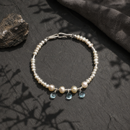 Blue Topaz Teardrop & Pearl Bracelet with Clear Quartz and S925 Silver Hook