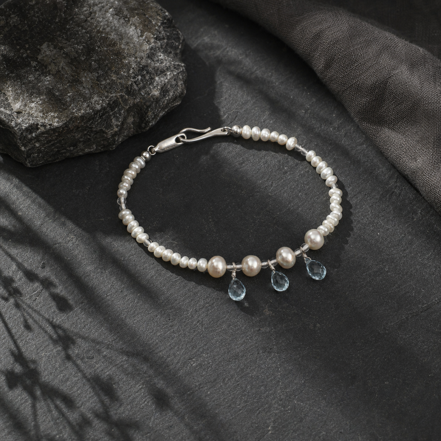 Blue Topaz Teardrop & Pearl Bracelet with Clear Quartz and S925 Silver Hook