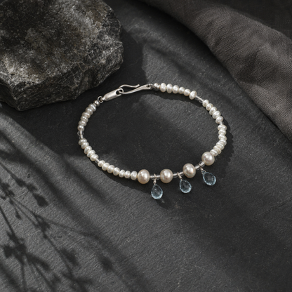 Blue Topaz Teardrop & Pearl Bracelet with Clear Quartz and S925 Silver Hook