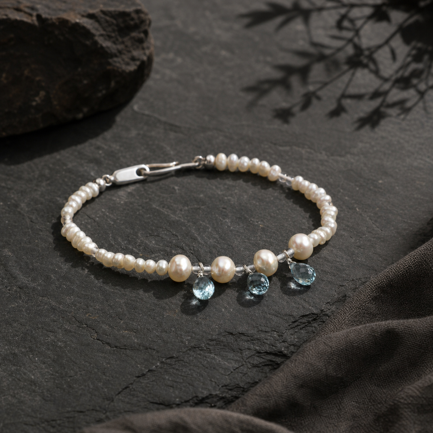 Blue Topaz Teardrop & Pearl Bracelet with Clear Quartz and S925 Silver Hook