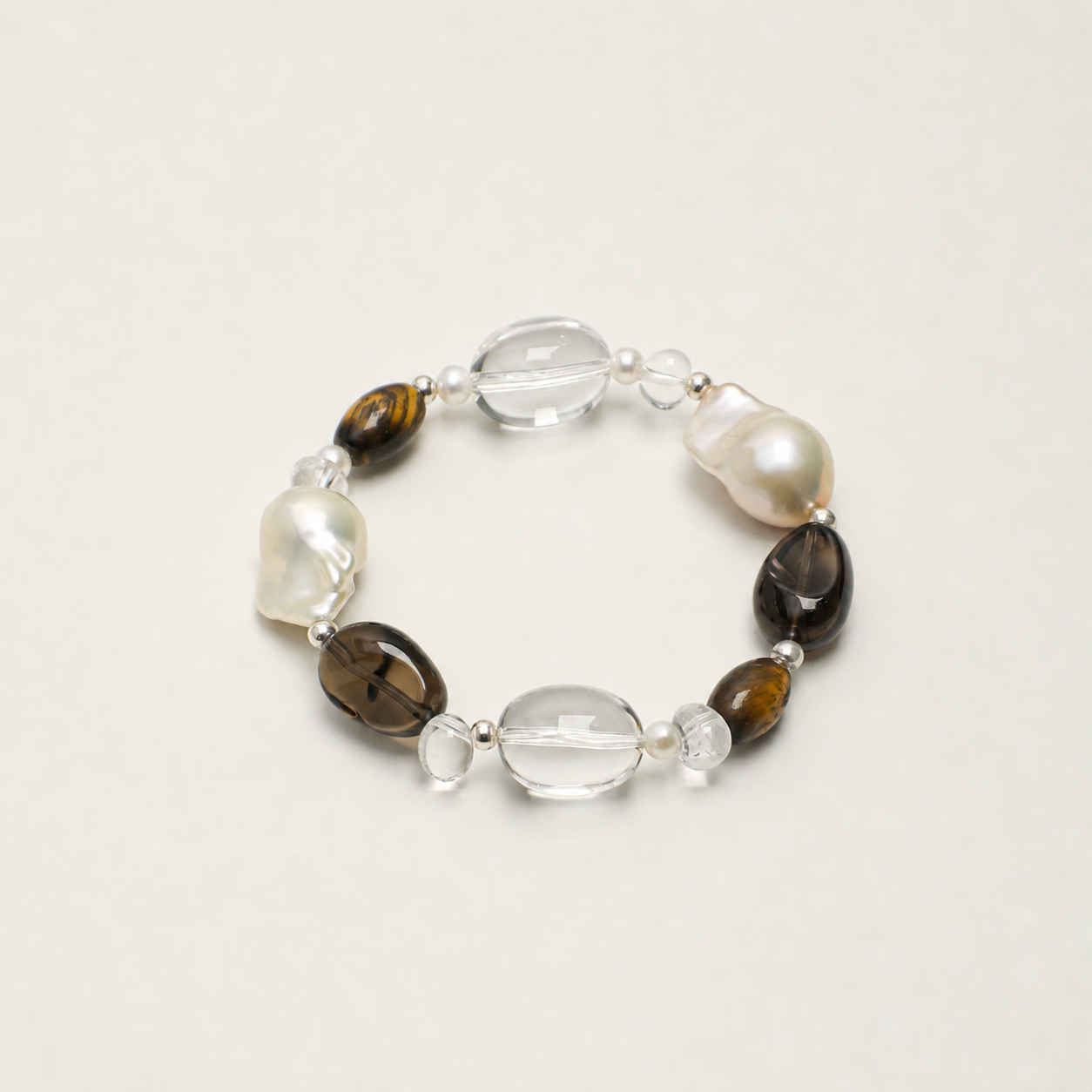Smoky Quartz & Clear Quartz Bracelet with Baroque Pearl and Tiger Eye Accents
