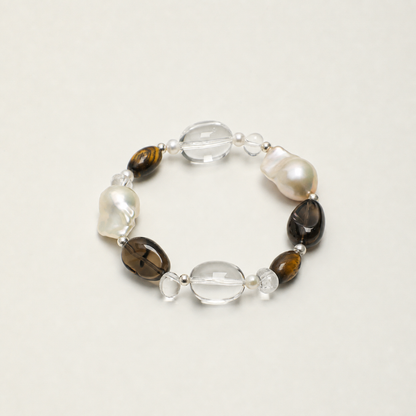 Smoky Quartz & Clear Quartz Bracelet with Baroque Pearl and Tiger Eye Accents