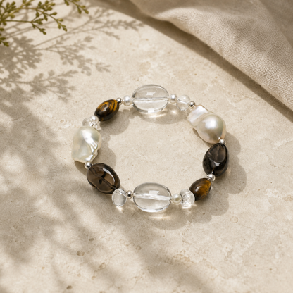 Smoky Quartz & Clear Quartz Bracelet with Baroque Pearl and Tiger Eye Accents