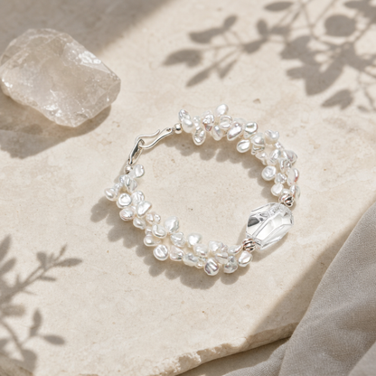 Clear Quartz & Petal Baroque Pearl Bracelet with S925 Sterling Silver Hook