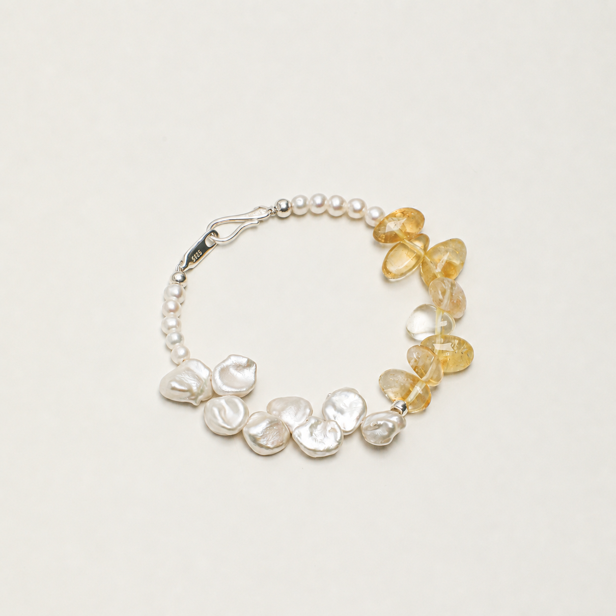Citrine Long Tooth & Petal Pearl Bracelet with Tiny Rice Pearls and S925 Silver Hook