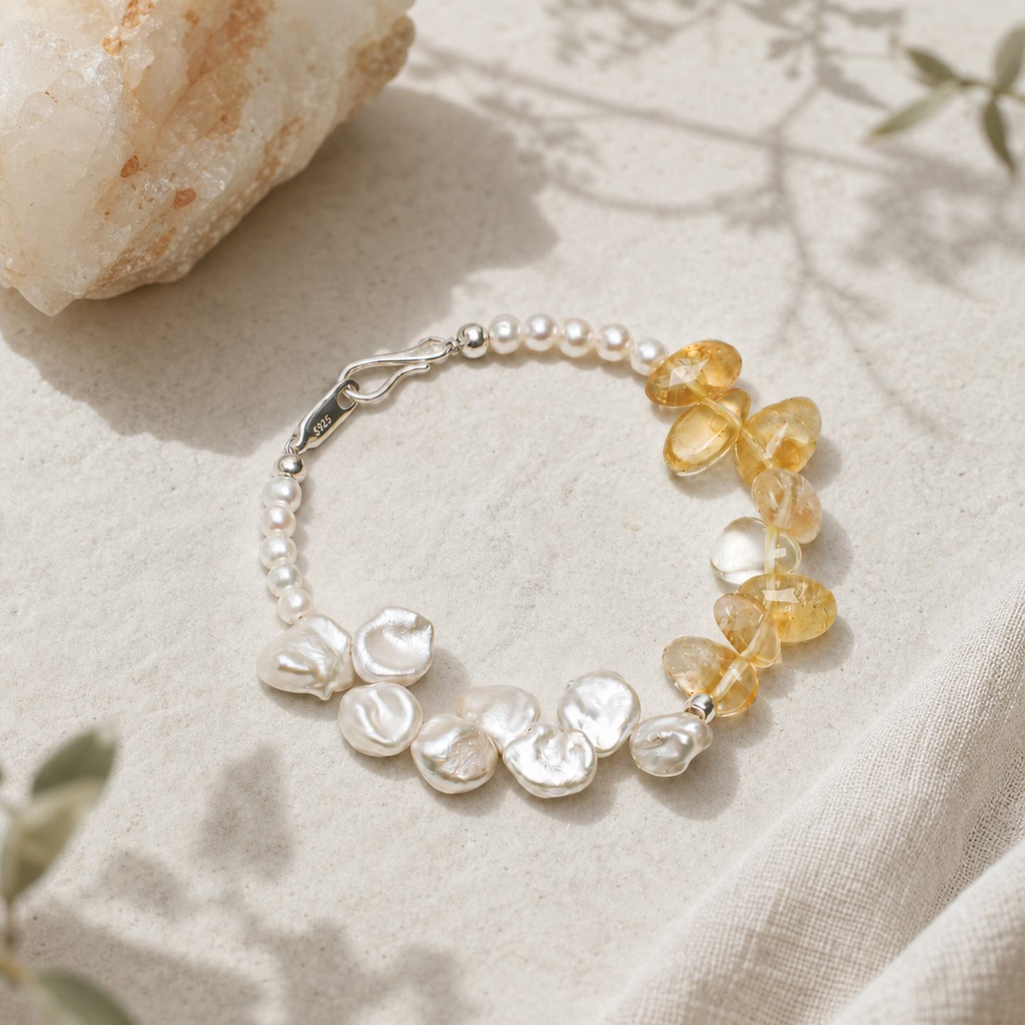 Citrine Long Tooth & Petal Pearl Bracelet with Tiny Rice Pearls and S925 Silver Hook