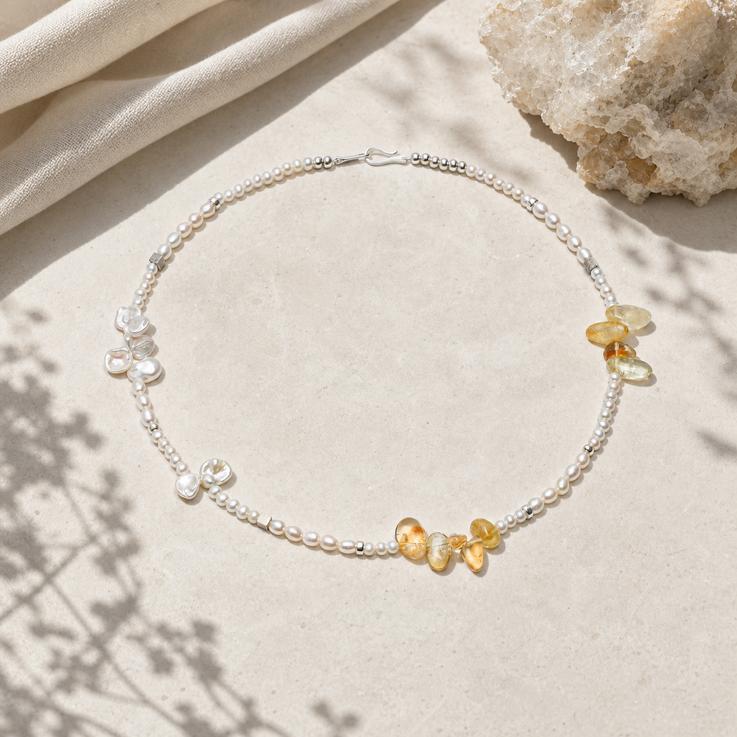 Warm Haze Citrine & Pearl Necklace with S925 Silver Hook