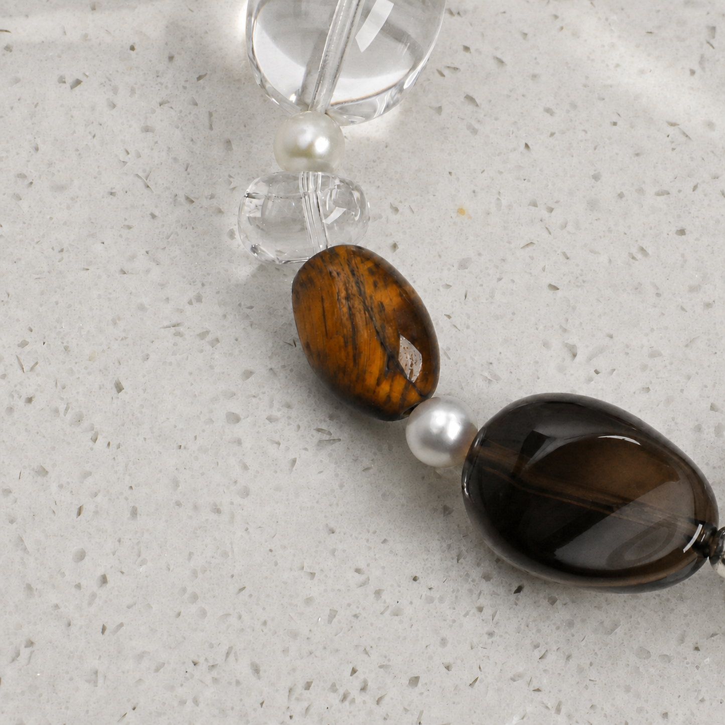Smoky Quartz & Clear Quartz Bracelet with Baroque Pearl and Tiger Eye Accents