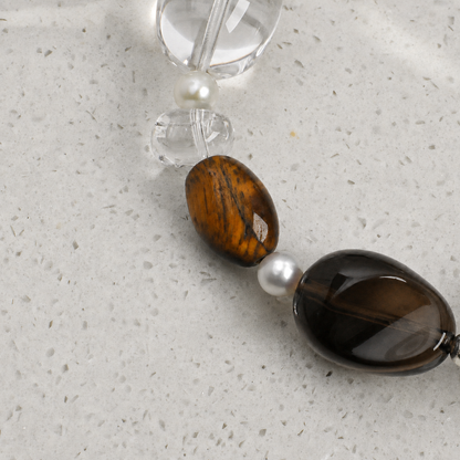 Smoky Quartz & Clear Quartz Bracelet with Baroque Pearl and Tiger Eye Accents