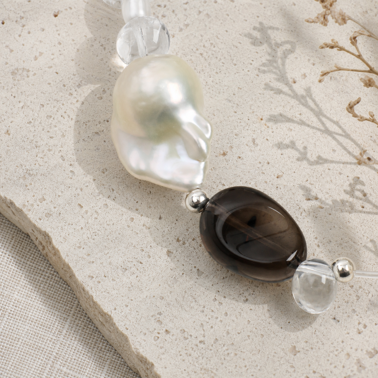 Smoky Quartz & Clear Quartz Bracelet with Baroque Pearl and Tiger Eye Accents