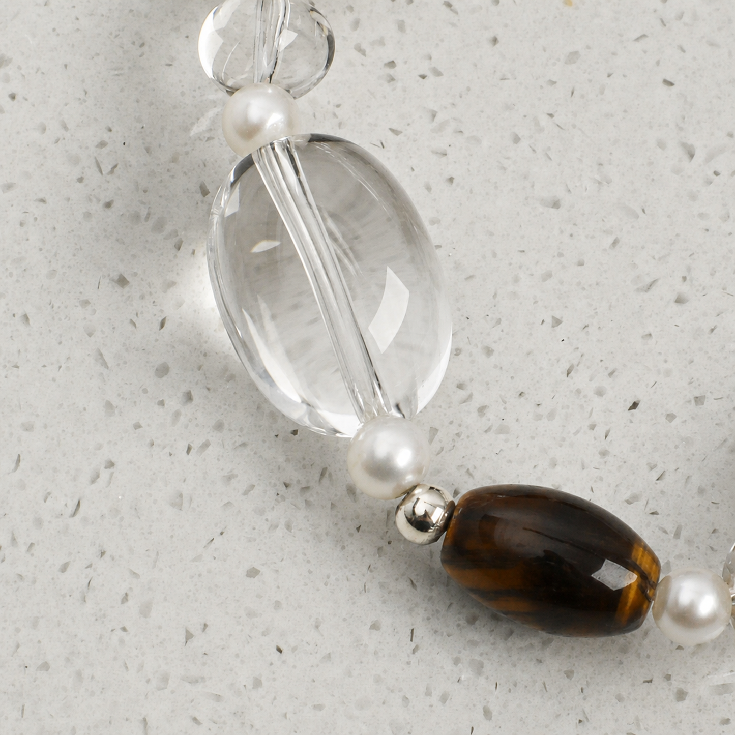 Smoky Quartz & Clear Quartz Bracelet with Baroque Pearl and Tiger Eye Accents