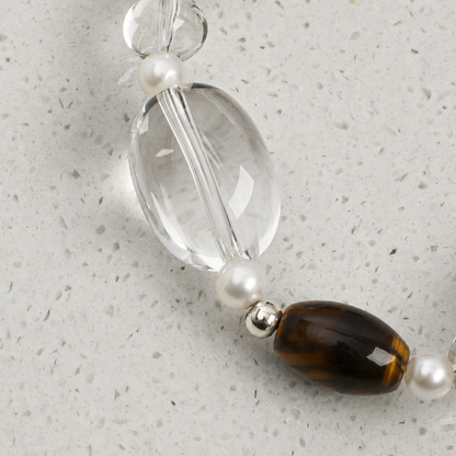 Smoky Quartz & Clear Quartz Bracelet with Baroque Pearl and Tiger Eye Accents
