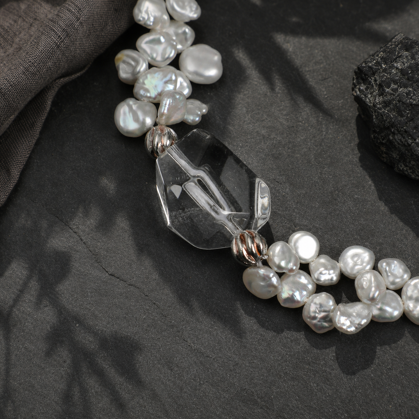 Clear Quartz & Petal Baroque Pearl Bracelet with S925 Sterling Silver Hook