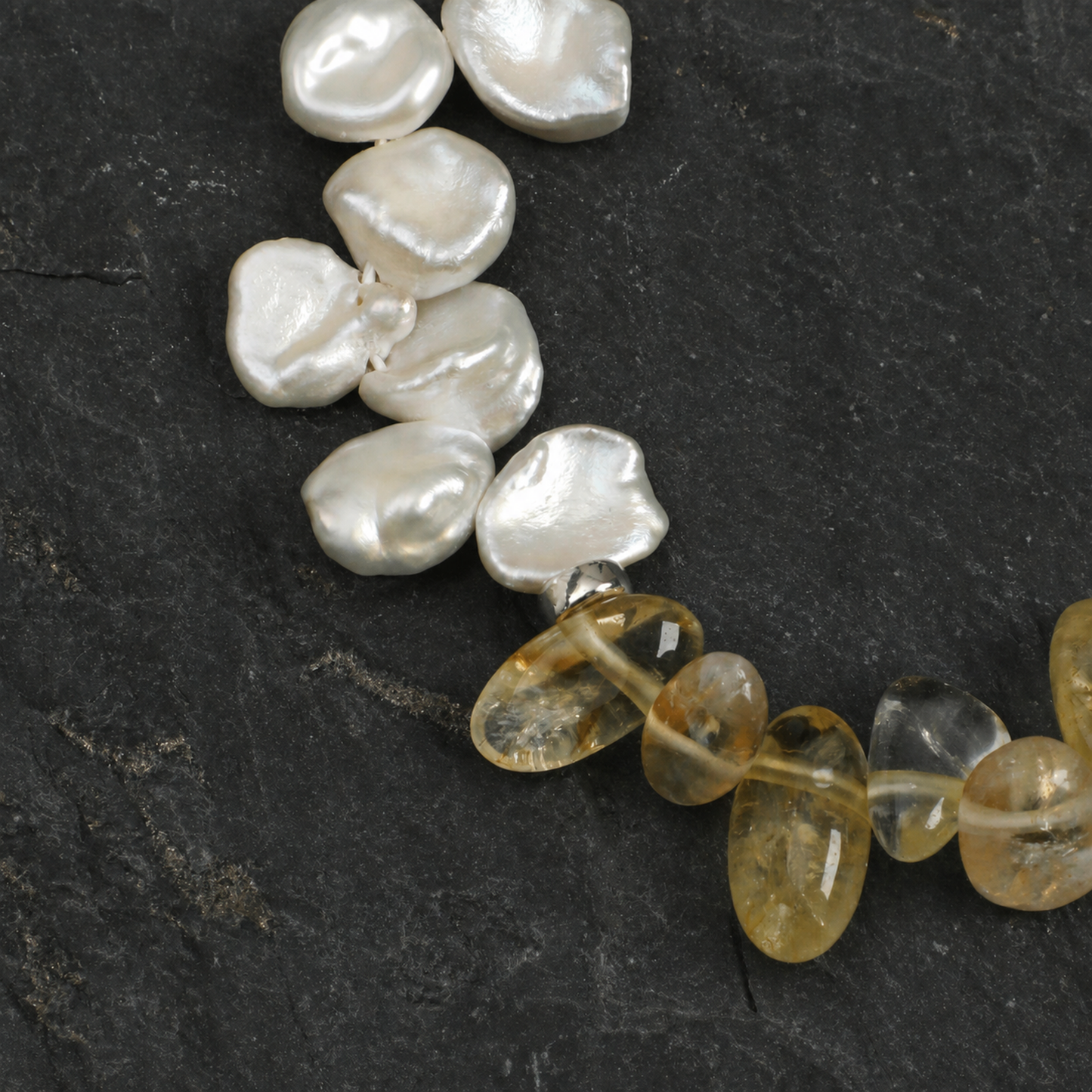 Citrine Long Tooth & Petal Pearl Bracelet with Tiny Rice Pearls and S925 Silver Hook