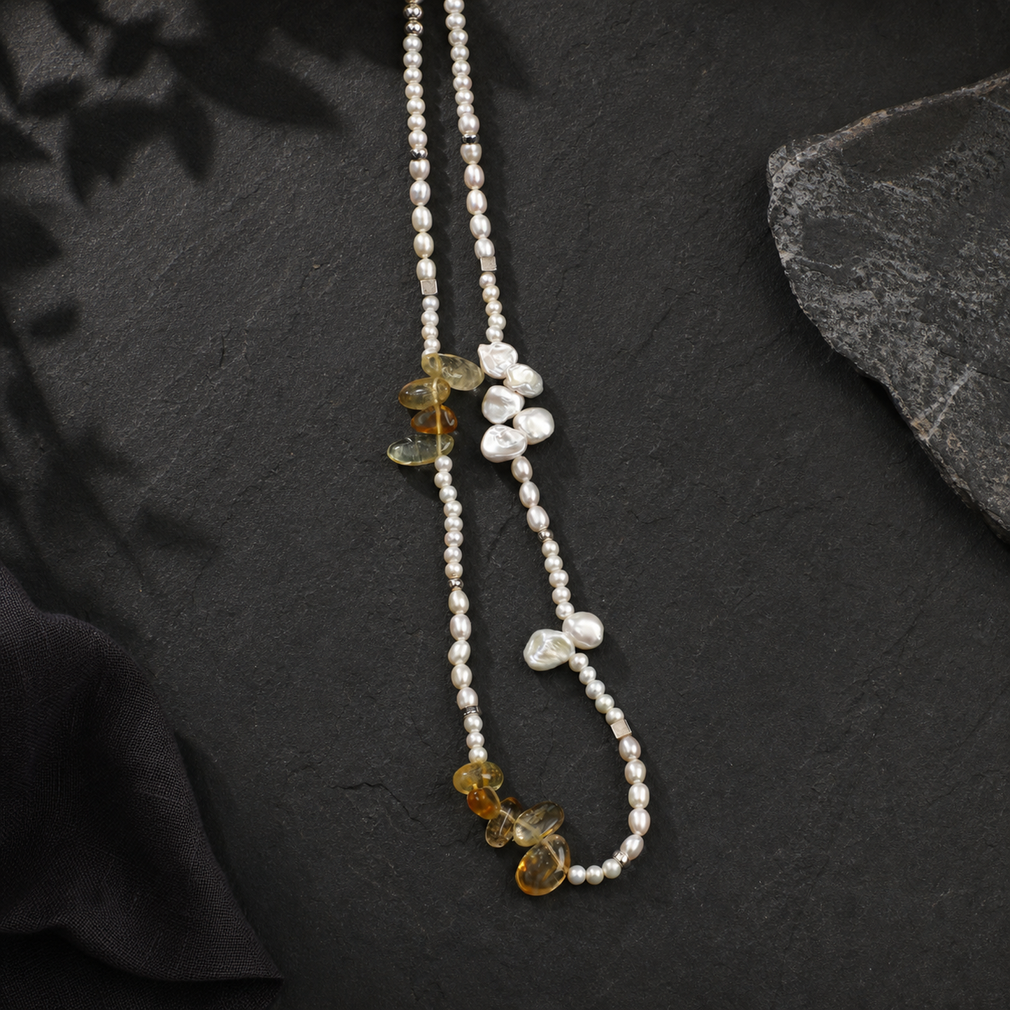 Warm Haze Citrine & Pearl Necklace with S925 Silver Hook