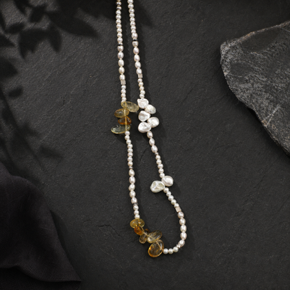 Warm Haze Citrine & Pearl Necklace with S925 Silver Hook