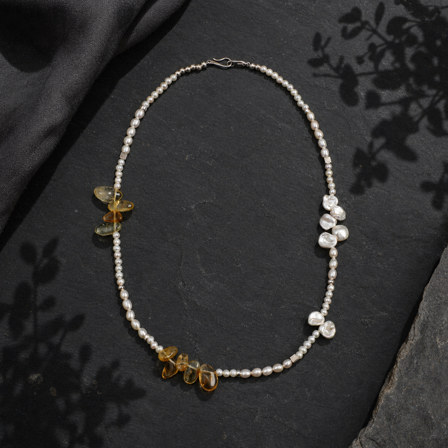 Warm Haze Citrine & Pearl Necklace with S925 Silver Hook