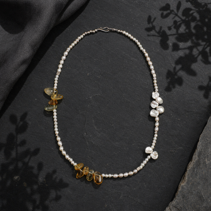 Warm Haze Citrine & Pearl Necklace with S925 Silver Hook