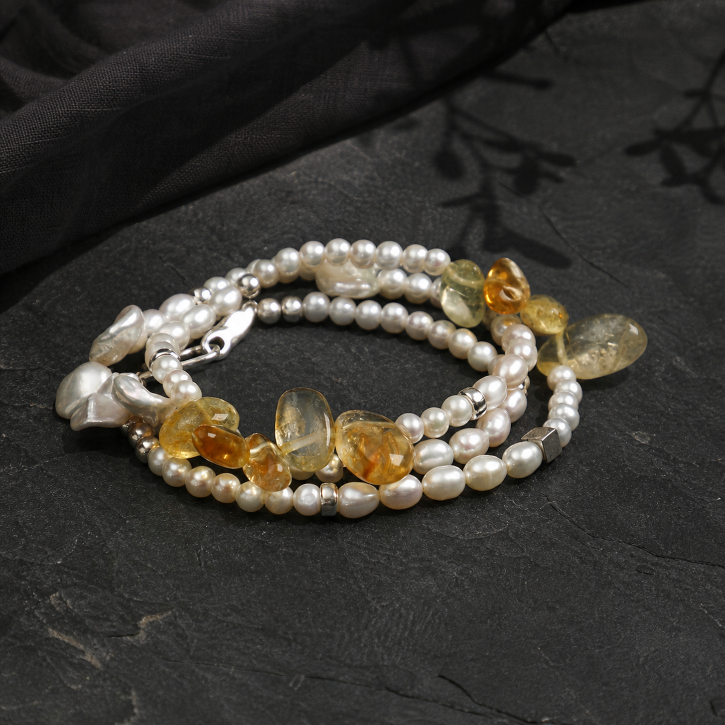 Warm Haze Citrine & Pearl Necklace with S925 Silver Hook